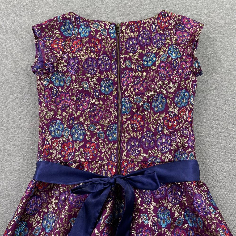 American Girl Purple Floral Metallic Holiday Party Dress Size 7 Blue Satin Sash - Picture 7 of 13